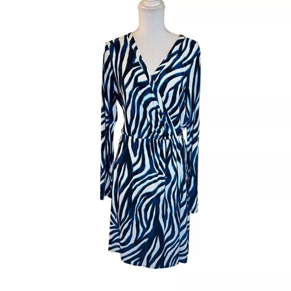 Anne Klein Dress XL Draped V Neck Faux Wrap Waist Tie Stripes Jersey Stretch - Picture 1 of 7